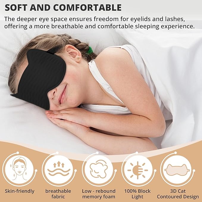 Kids Sleep Mask for Sleeping – Soft 3D Contoured Eye Mask for Kids, Comfortable No-Pressure Eye Cover with Memory Foam for Travel, Naps & Airplane, Boys & Girls (Black)