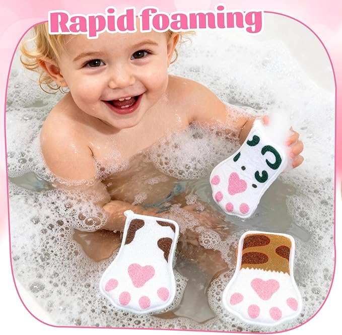 JieLiLeHome Baby and Kids Bath loofah Sponge, Easy Grip Cute Cat Paw Design Kids Body Exfoliating Body Scrubber Loofah Sponge,Bath Sponge Set Designed for Toddler, Women, Boys, and Girls (3 Pack)