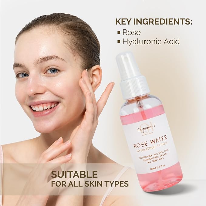 Rose Water Hydrating Toner Spray – Organic Aloe Vera & Hibiscus Face Mist, Alcohol Free & Dermatologist Tested for Sensitive & All Skin Types – 120ml