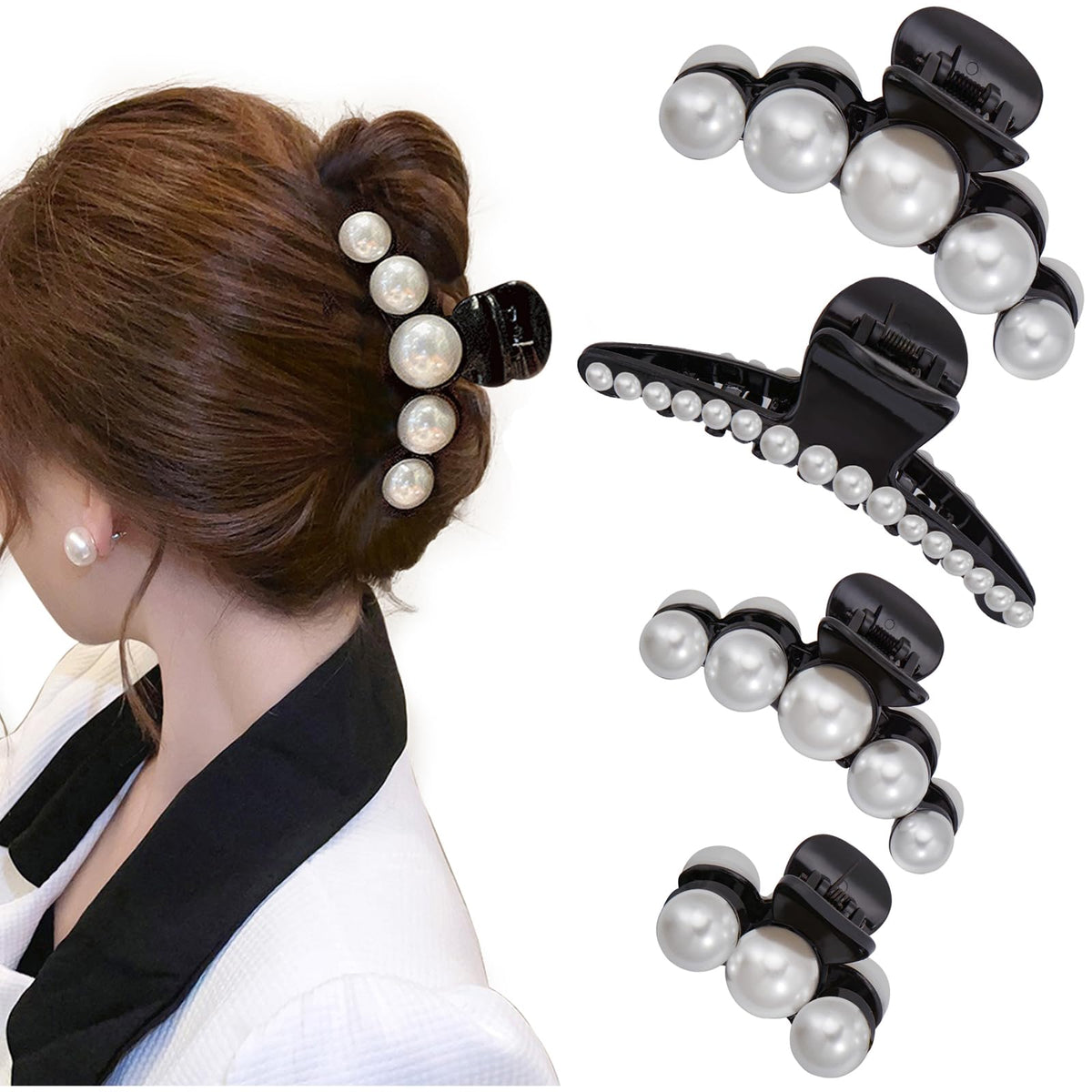 Mehayi 4 PCS Large Pearl Hair Claw Clips for Women Girls, Hair Barrette Clamps for Thick Thin Hair, Fashion Hair Accessories Headwear Styling Tools for Party Wedding