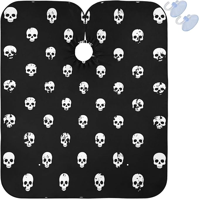 visesunny Barber Cape White Skull Black Pattern Polyester Hair Cutting Salon Cape Apron Anti-Static Haircut Shaving Cloth Beard Shaving Bib Hairdressing Cape