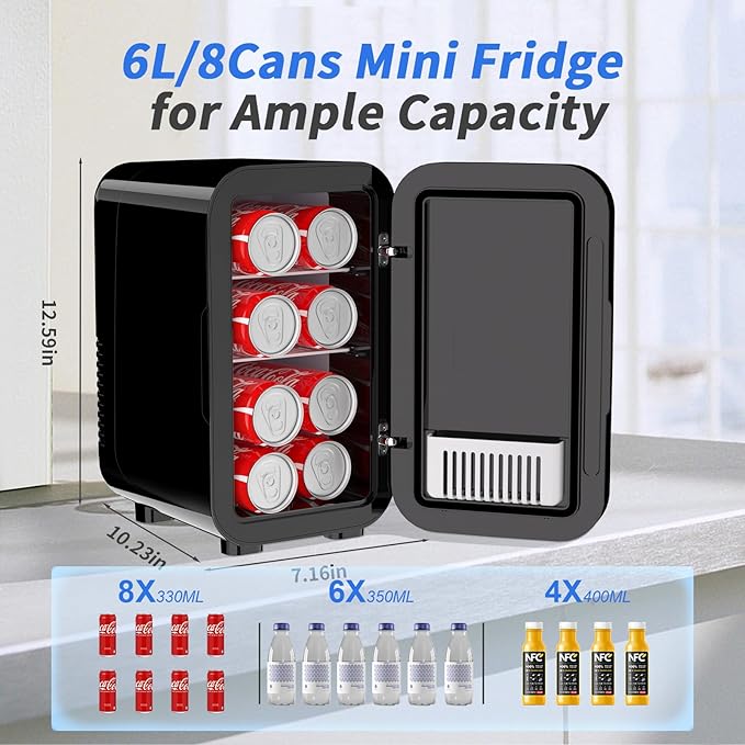 YASHE Mini Fridge, 6 Liter/8 Can 110V AC/DC Portable Thermoelectric Cooler Refrigerators for Bedroom, Skincare, Beverage, Office, Dorm Room and Car, Black
