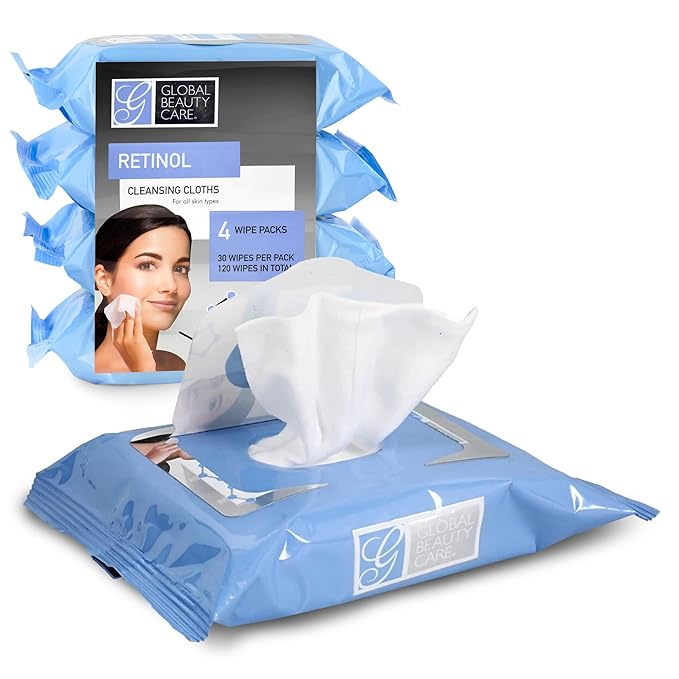 Global Beauty Care Retinol Makeup Remover Wipes with Collagen Renewing Support - Facial Cleansing Cloths, Remove Waterproof Mascara, Oil & Dirt, Texture Smoothing, All Skin Types, 120 Count (4-Pack)