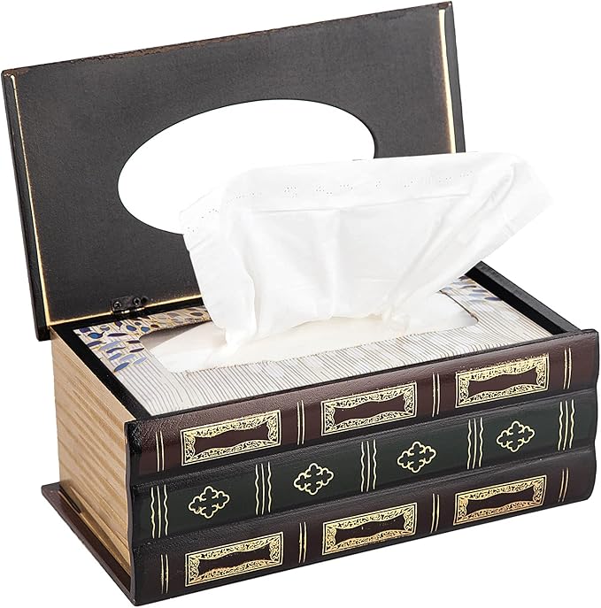 Crafted Classical Retro Wooden Antique Book Tissue Box Cover Rectangular Tissue Holder Dispenser Paper Cover Case Napkin Holder Home Decor for Bathroom Living Room Office car Kitchen (Red)