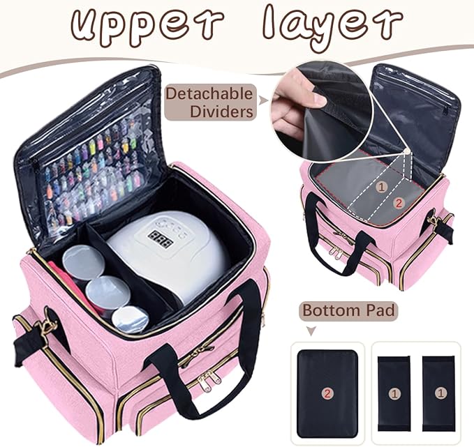 Nail Polish Organizer Case Large Capacity 80 Bottles(15ml/0.5fl.oz) Travel Storage Box with 2 Detachable Bags for Women's Nail Tools Essential Oils and Cosmetics Sets Pink