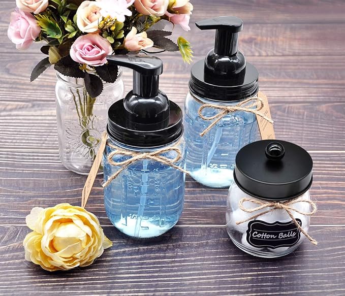 Amolliar Mason Jar Foaming Soap Dispenser, Plastic Pump Rustproof Stainless Steel Lid, Waterproof Label, Rustic Farmhouse Decor Hand Soap Dispenser, Dish Soap for Bathroom, Kitchen, Bath, Black 2 Pack