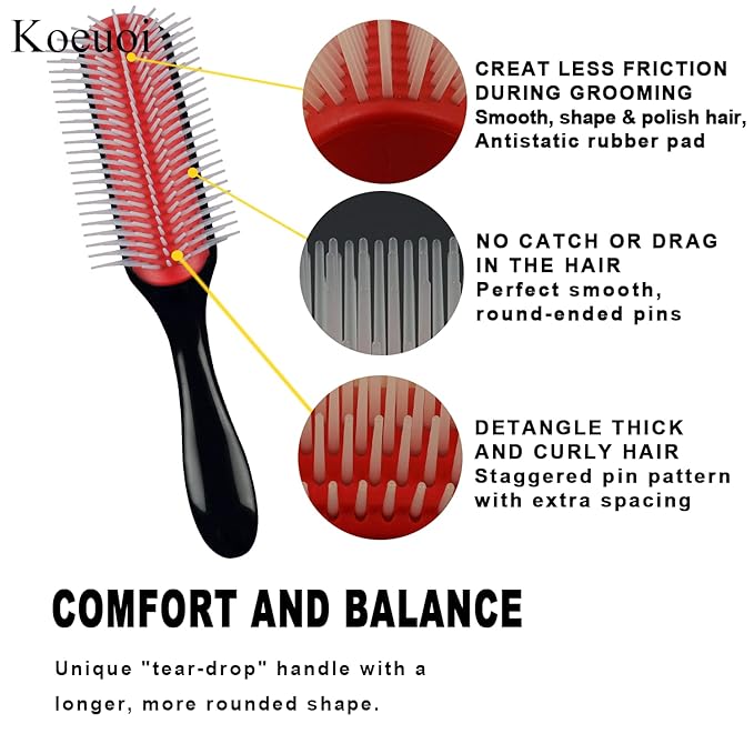 Koeuoi Classic Styling Hair Brush for Wet or Dry Curly Hair. 9 Row Black Brush for Detangling, Separating, Shaping