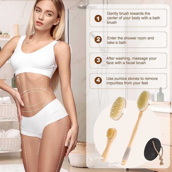 BONUMVITA Dry Brushing Body Brush Set- Wooden Long Handle Body Brush Set with Pumice Stone & Face Brush, Boar Bristle Body Bath Scrubber Brush for Lymphatic Drainage & Cellulite, Detachable