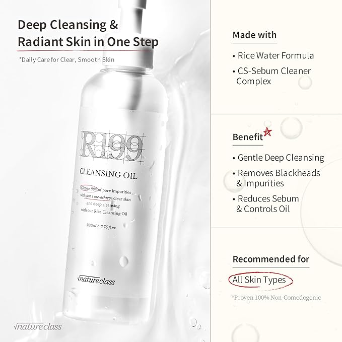 NATURECLASS R199 Rice Cleansing Oil Face Cleanser Korean Skincare Makeup Remover Oil Cleanser for Face Blackhead Remover Pore Control Double Cleansing Sensitive Skin 6.76 fl oz