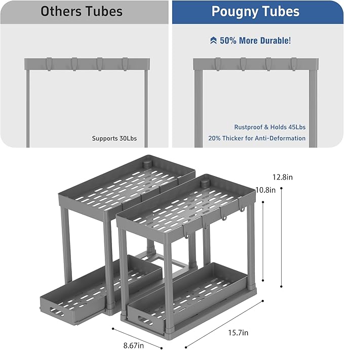 POUGNY 2PC Under Sink Organizer Rack 2 Tier Under Sliding Cabinet Basket Organizer Drawer with 4 Hooks, Multi-purpose Under Sink Storage for Bathroom Kitchen Desktop（Grey）