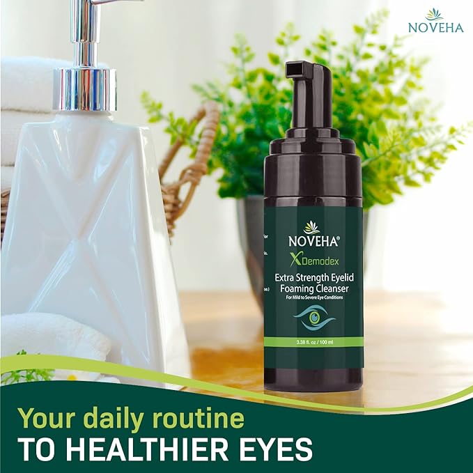 NOVEHA Extra Strength Tea Tree Eyelid & Face Foaming Cleanser – Daily Cleansing Foam with Tea Tree Oil, Coconut Oil, Vitamin E & Pro-Vitamin B5 – For Eyelids, Lashes & Face – 3.38 fl oz (100ml)