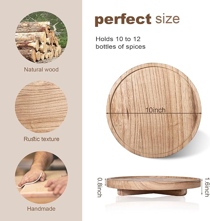 Round Decorative Tray Wood Bathroom Counter Organizer Farmhouse Kitchen Decor Wooden Riser for Soap Dish, Perfume, Candle, Sponge, 10" - Brown