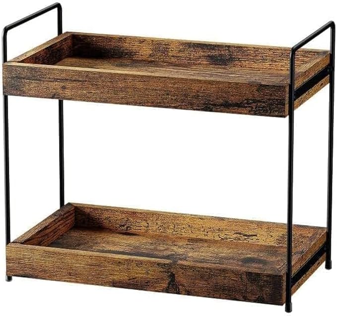 2 Tier Bathroom Counter Organizer Wood Bathroom Storage Shelf Spice Rack for Kitchen Countertop Vanity Tray Makeup Storage Coffee Station Organizer-Rustic Brown