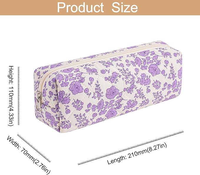 HHQQWZ Cute Floral Cotton Makeup Brush Cosmetic Bag for Women, Travel Quilted Zipper Make Up Bag, Flowers Toiletry Organizer Case Kawaii Makeup Cosmetic Travel Cloth Pouch (Big Purple Floral)