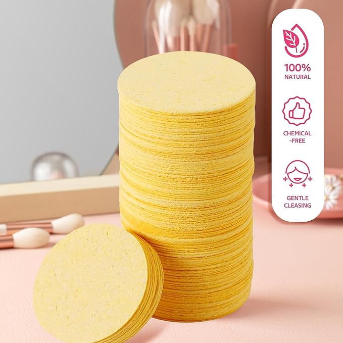 100-Count Facial Sponges Compressed Natural Cellulose Sponge Round Shape Face Sponge for Face Cleansing Exfoliating and Makeup Removal, Yellow