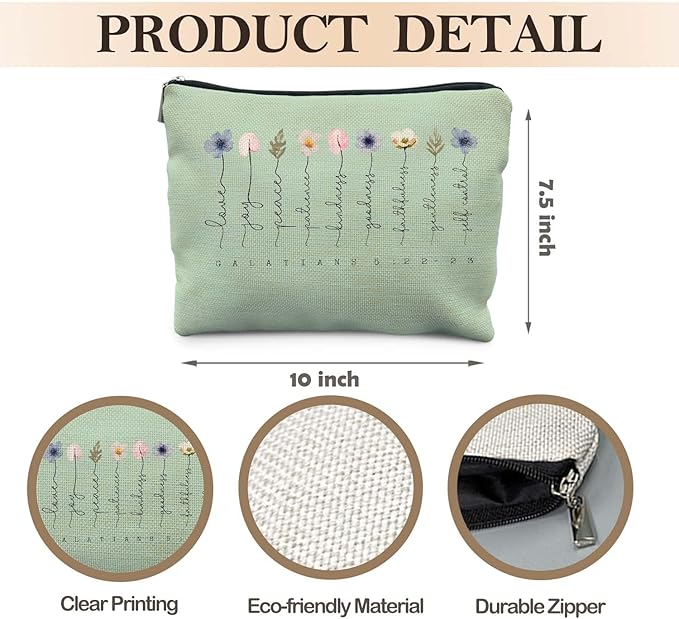 Likjad Christian Gifts Makeup Bag, Floral Christian Cosmetic Bags for Women, Galatians 5:22-23 Bible Verse Makeup Pouch, Faith Based Gifts Zipper Pouch(green)