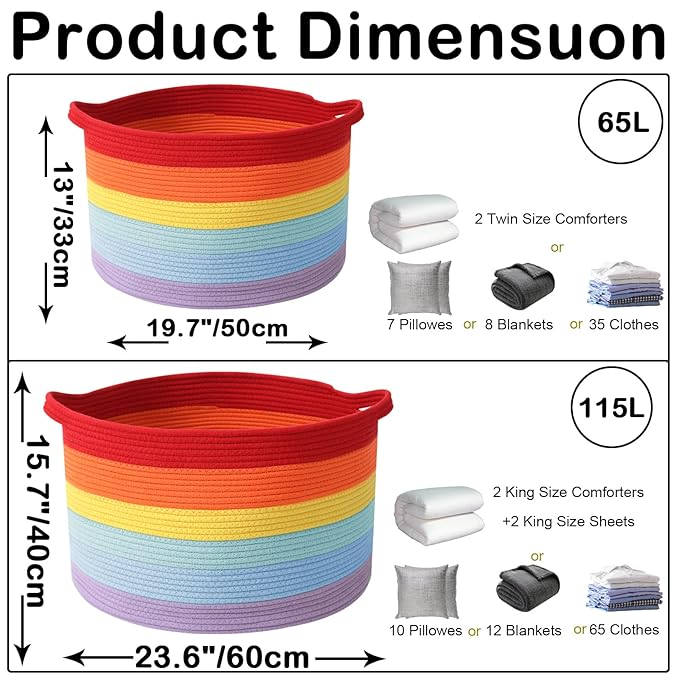 115L Large Blanket Basket,23.6" L x 23.6" W x 15.7" H Rope Woven Baskets with Handles, Toys Storage Bins,Laundry Basket Perfect for Living Room, Nursery,Bedroom,Home Organization,Rainbow