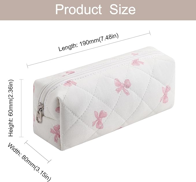 WHHJM Cute Floral Makeup Brush Bag Small Cotton Quilted Cosmetic Bag for Women Travel Toiletry Zipper Make Up Pouch (Pink Small Bowknot)