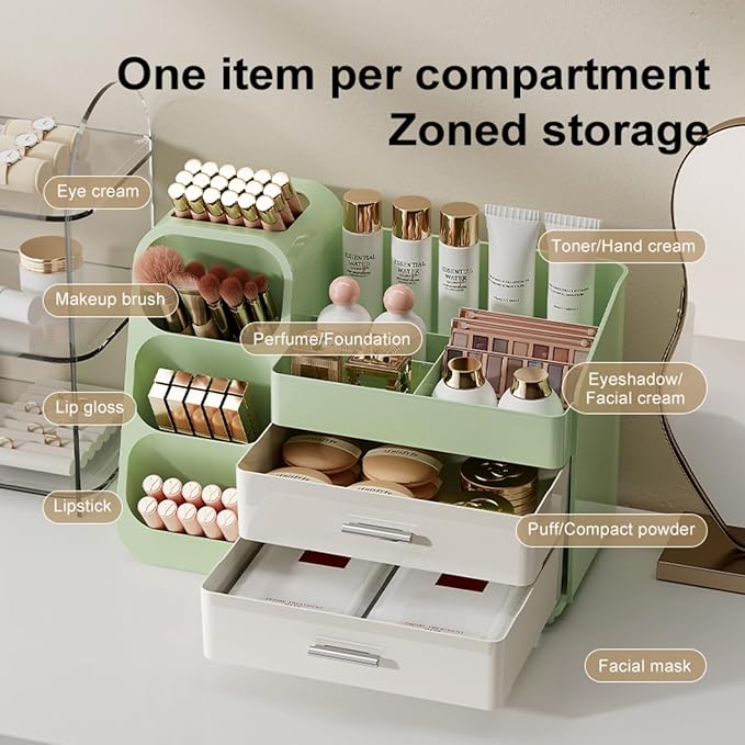 Booklov Large Makeup Organizer for Vanity Countertop, Green Cream
