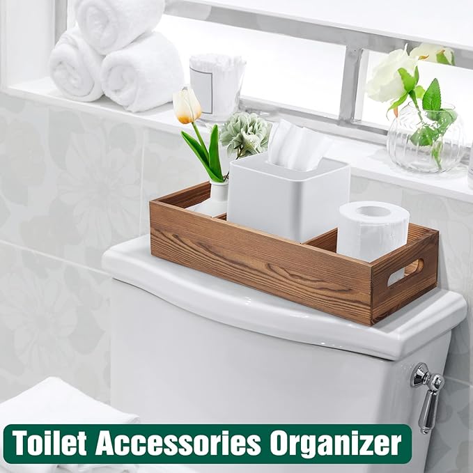 14 Inch Wood Bathroom Basket with Removable Dividers - 3 Comparments Wooden Toilet Paper Basket with Handle for Back of Toilet Tank Topper - Storage Organizer for Bathroom Kitchen Pantry Organization