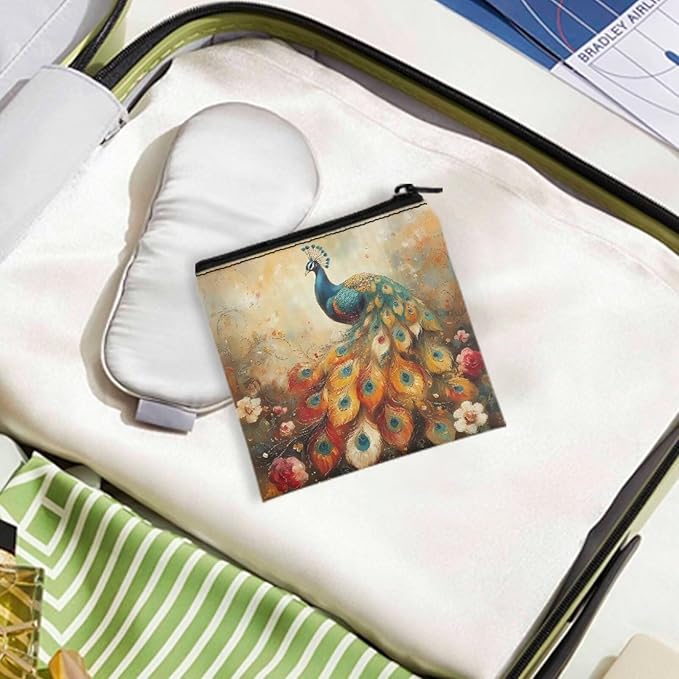 Peacock Print Period Organizer with Zipper Sanitary Napkin Storage Holder Pouch Portable Bag for Women Daily Use