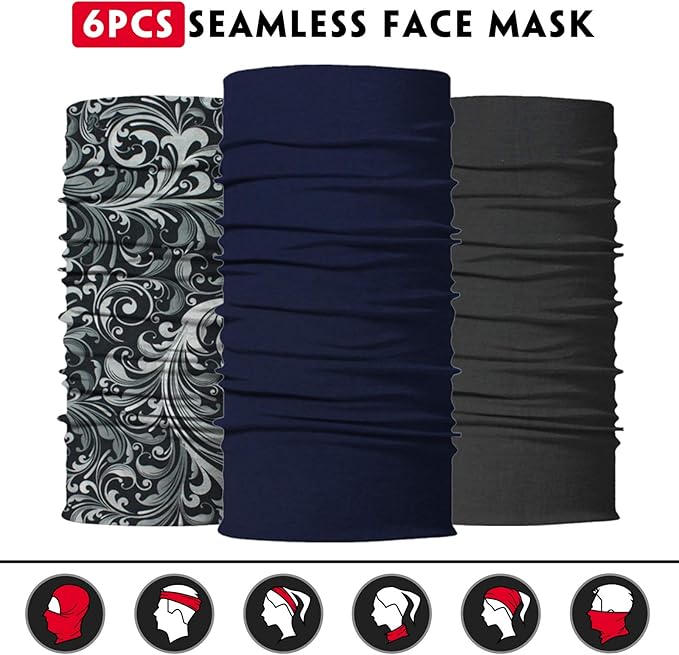 Neck Gaiter Mask, Sun Mask, Rave Bandana Face Mask, Seamless Face Scarf, Headband for Men Women (A-Black Series 3)