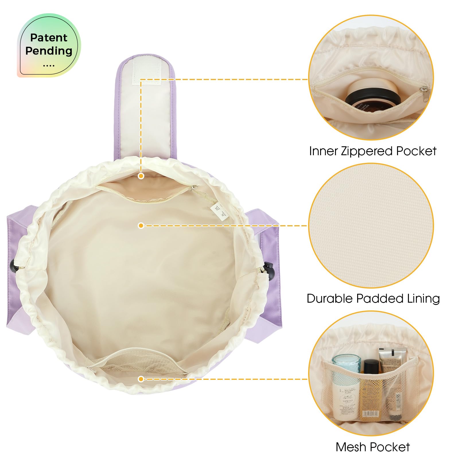 Narwey Barrel Drawstring Makeup Bag Large Cosmetic Bag Make up Bags Toiletry Bag Travel Bags for Toiletries Organizer for Women Gift for Teen Girls (Purple) (Patent)