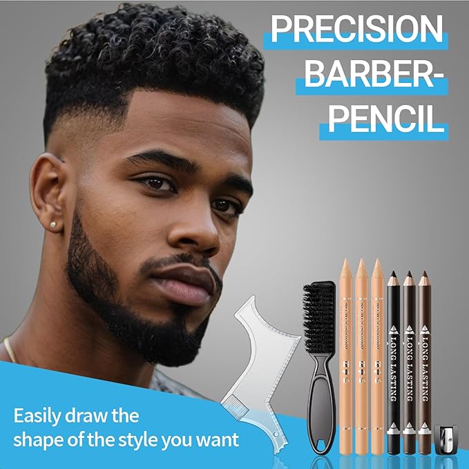 Noerrors Barber Pencil for Lineup Magic Hairline Pencils Barber Chalk Set Beard Guide Pen with Sharpener Ruler Brush for Hair Design Shaping Makeup Tool for Men #White Beige Skin Tone Black Brown Tan