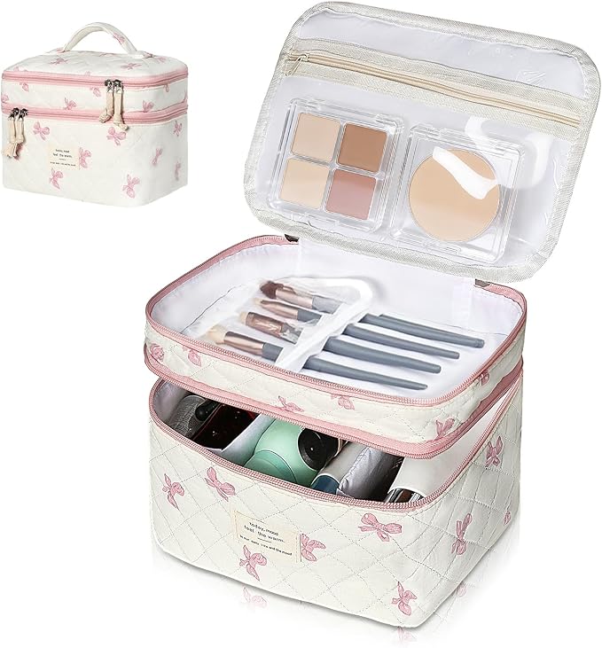 Gosect Makeup Bag, Portable Travel Make up Bag, Large Capacity Quilted Cosmetic Organizer Bag, Cute Floral Toiletry Bag for Women Girls (Pink Bow)