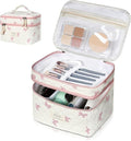 Gosect Makeup Bag, Portable Travel Make up Bag, Large Capacity Quilted Cosmetic Organizer Bag, Cute Floral Toiletry Bag for Women Girls (Pink Bow)