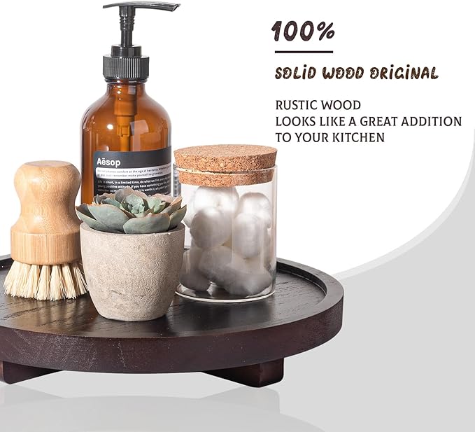 Round Decorative Tray Farmhouse Kitchen Decor Soap Dish, 10" Walnut