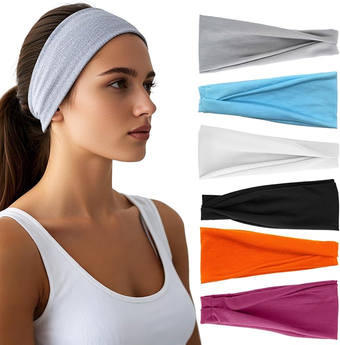 HSEM Headbands for Women - 6 Pack Wide Elastic Hairbands | Ultra-Soft Moisture Wicking Sports Headband | Non-Slip Accessories Bands for Fashion (Orange Blue Grey White RoseRed Black)