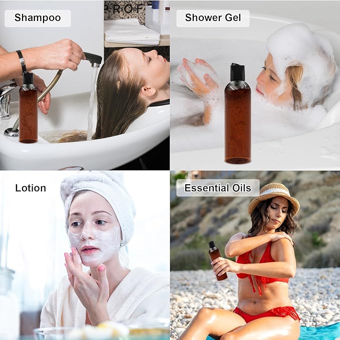 ZLEVEAYN 6 Pack 8 oz Amber Plastic Squeeze Bottles with Black Disc Caps Refillable Empty Travel Containers Bottles for Shampoo Conditioner Toiletries Lotions Oils BPA Free