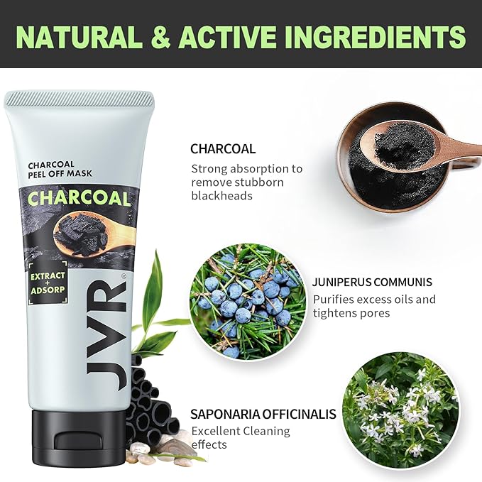 JVR Peel Off Face Mask, Charcoal Peel Off Black Mask, Facial Mask for Surface Cleansing For Men & Women, All Skin Types 2.12 OZ
