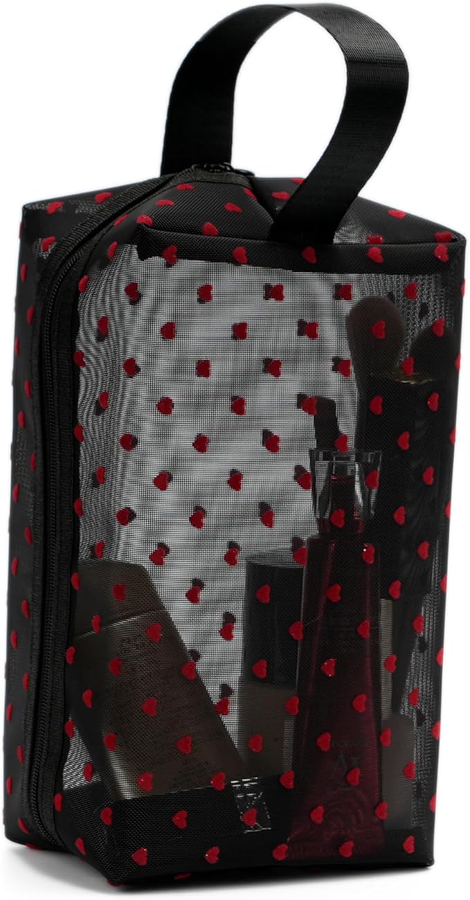 TOPASION Portable Mesh Makeup Bag with Zipper Small Travel Toiletry Bag Lightweight Cosmetic Pouch (Black&Red Heart with Handle)