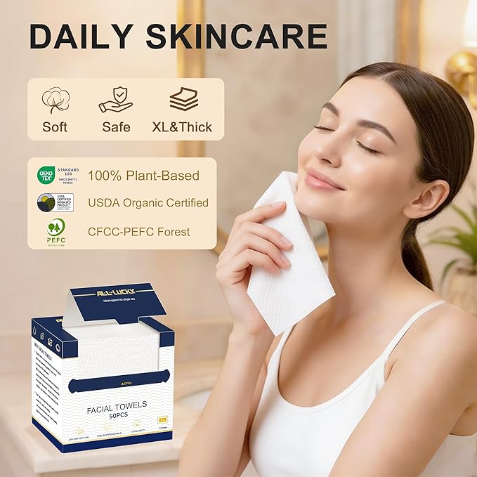 Face Towels, XL Facial Dry Towels 10x12 Inch, Biodegradable Disposable Face Wipes for Makeup Remover, Skincare & Face Cleansing, Lint-Free (100 Count)