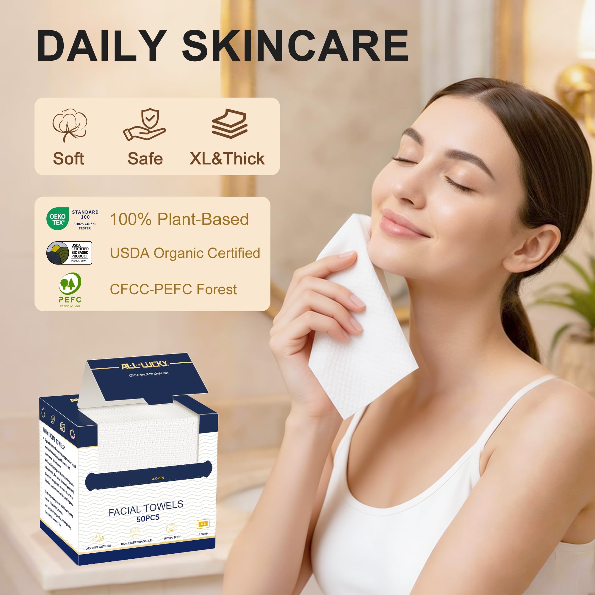 Face Towels, XL Facial Dry Towels 10x12 Inch, Biodegradable Disposable Face Wipes for Makeup Remover, Skincare & Face Cleansing, Lint-Free (50 Count)