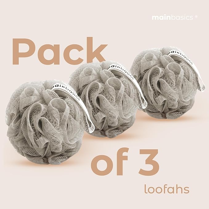 MainBasics Shower Loofah Sponge Pouf, Set of 3, Totally Taupe