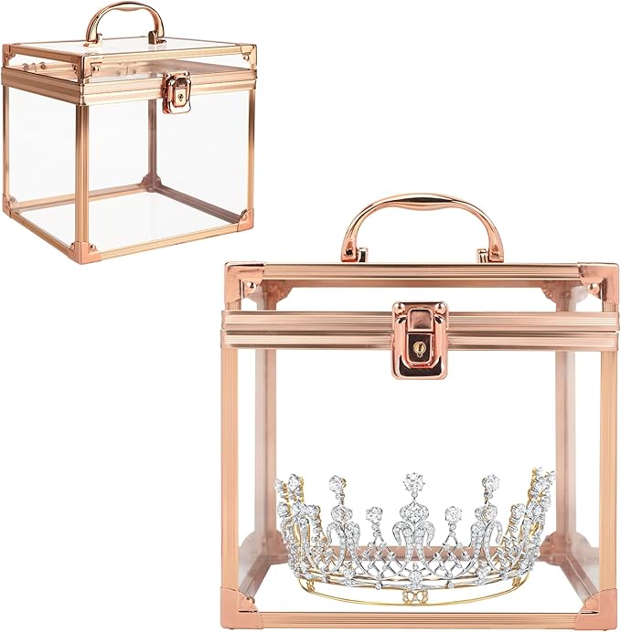 Donghome Crown Box 7.9 x 6.7 x 7.5inch, Clear Makeup Case,Cosmetic Organizer, Large Capacity Transparent Acrylic Artists Display Case for Vanity,Bathroom Counter or Dresser (Rose Gold)
