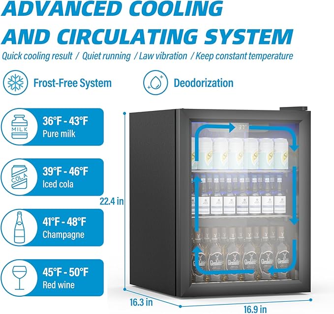 Erivess Compact Beverage Refrigerator,70 Can/1.6 Cubic Feet Fridge with Glass Front Door for Soda, Beer or Wine, Under Counter Small Refrigerator with Adjustable Shelve & Digital Display