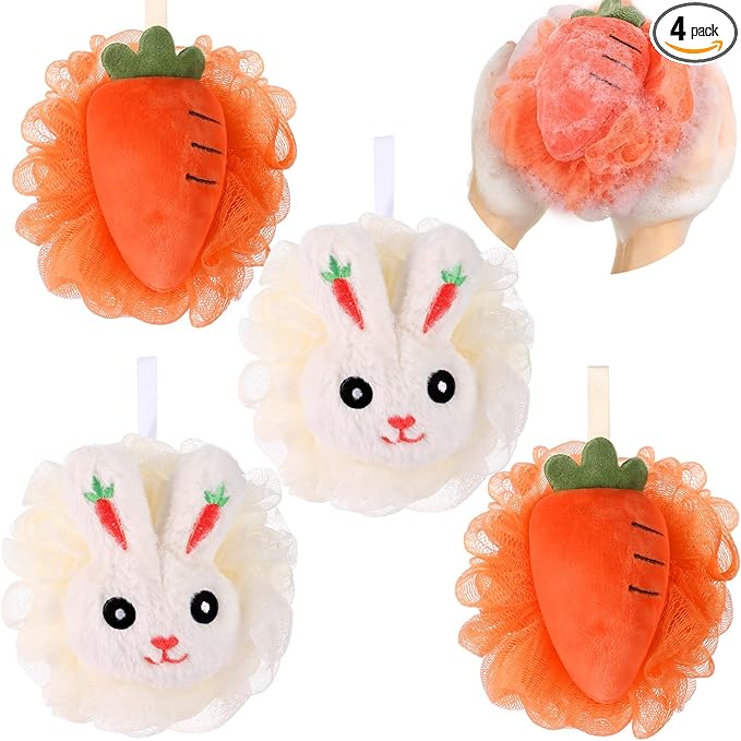 4 Pcs Rabbit Carrot Bath Loofah Sponge Cartoon Body Scrubber Loofah Soft Mesh Exfoliating Bath Scrubber Shower Ball for Shower Sponge Gifts Exchange Birthday Party