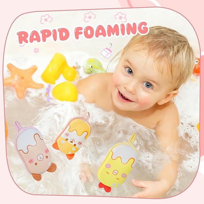 Baby and Kids Bath Loofah Sponge, Soft and Absorbent Toddler Exfoliating Body Scrubber Shower Loofa Sponge,Cute Pattern Design for Kids Baby Women Boys and Girl, 3 Pack (Bear/Dog/Chick)