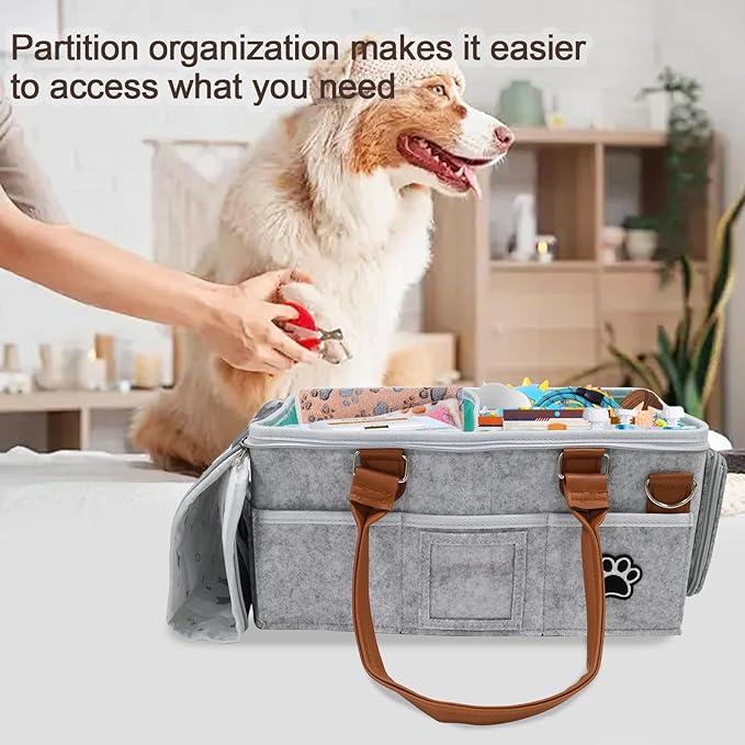 Brabtod Felt Dog Grooming Bag,Portable Tote Bag for Dogs Cats,Dog Storage Organizer for Grooming Tool Kit,3 Compartments Pet Stuff Oganizers with 8 Pockets-Grey