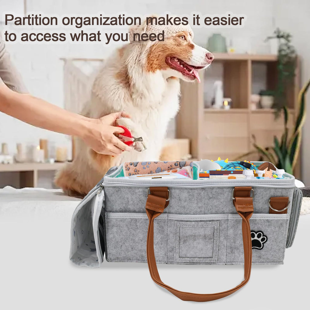 Brabtod Felt Dog Grooming Bag,Portable Tote Bag for Dogs Cats,Dog Storage Organizer for Grooming Tool Kit,3 Compartments Pet Stuff Oganizers with 8 Pockets-Grey