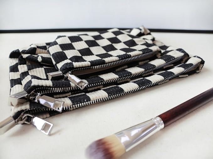 HAPPYHEIDI Checkered Corduroy Makeup Bag Set 3 Women Cosmetic Toiletry Travel Pouch Purse Accessory Organizer, 3-Size, Vintage Black Tan-White