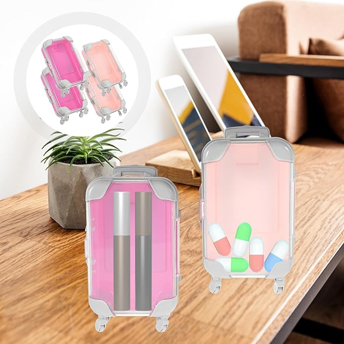 SEWACC 4pcs Simulation Suitcase Makeup Box, Portable False Eyelashes Storage Box, Travel Makeup Carrying Case, Pink & Rose Red, 6.49 x 3.34 x 1.96 Inch