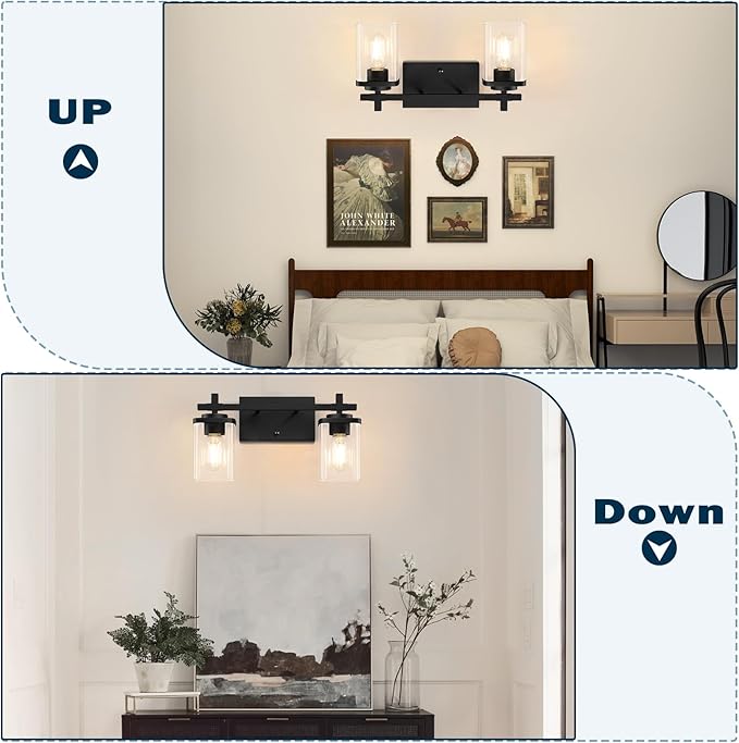 2-Lights Bathroom Vanity Lights, Matte Black Vanity Light Fixtures Over Mirror, Modern Wall Sconces with Clear Glass Shade, Wall Light Fixture for Bedroom Hallway Living Room
