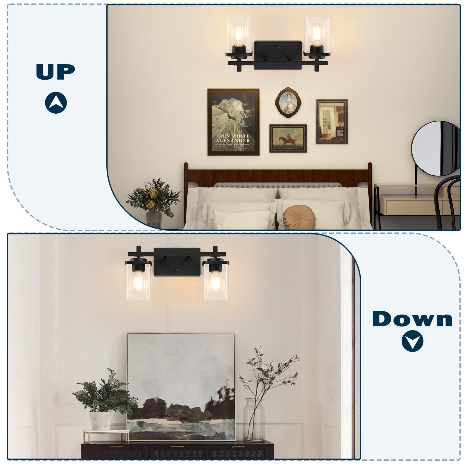 Spiglamm 2-Lights Bathroom Vanity Lights, Matte Black Vanity Light Fixtures Over Mirror, Modern Wall Sconces with Clear Glass Shade, Wall Light Fixture for Bedroom Hallway Living Room