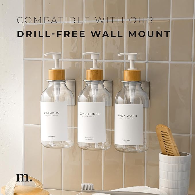 Shampoo and Conditioner Bottles Set of 3 Clear Bamboo – Shower Shampoo Dispenser – Hotel Style Bathroom Upgrade by MaisoNovo