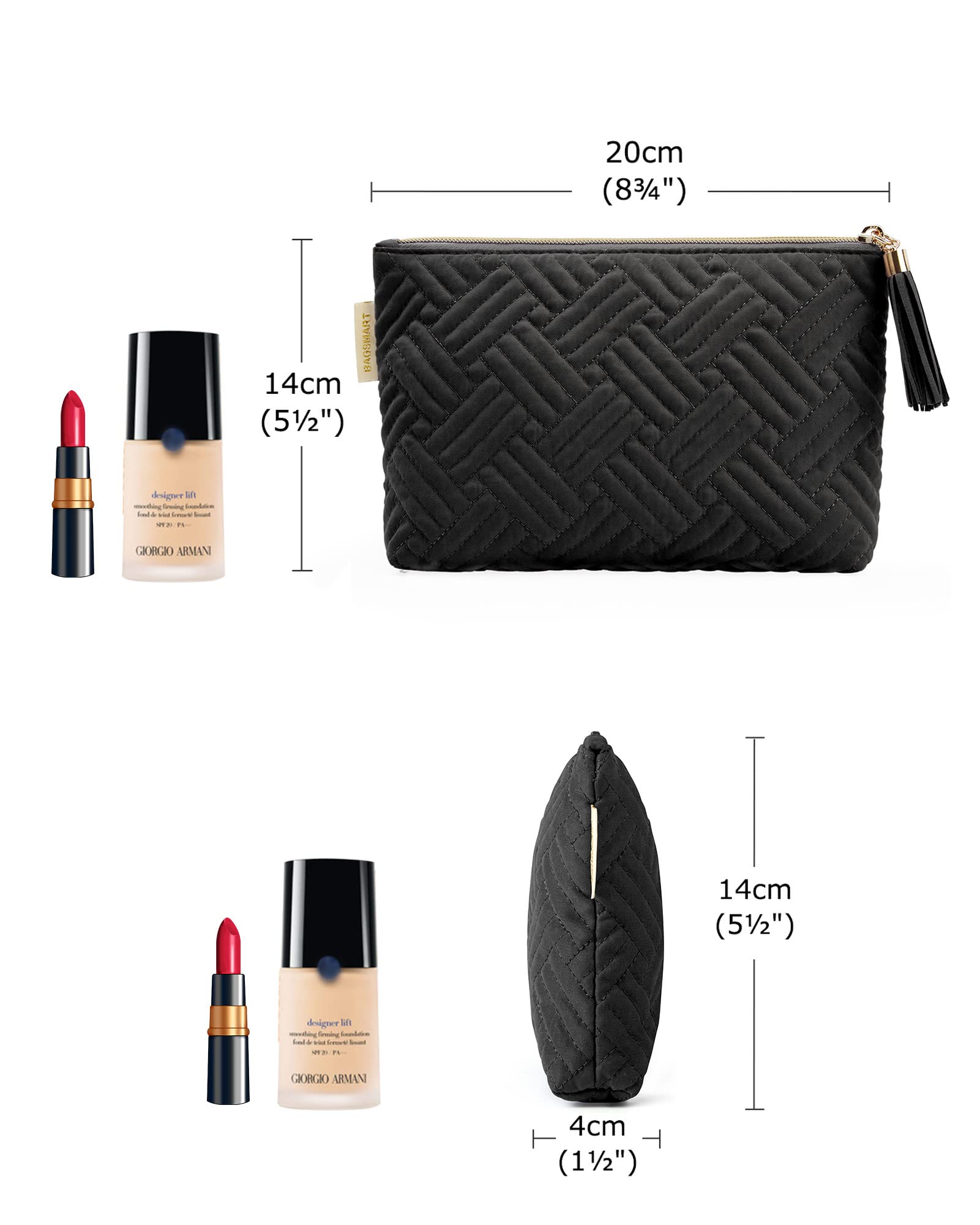 BAGSMART Small Makeup Bag, Elegant Cosmetic Pouch with Tassel, Soft Water-Resistant Travel Organizer for Women, Cosmetics & Everyday Essentials, Black